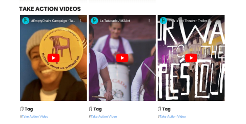 Screenshot of three video thumbnails with tags and a title field