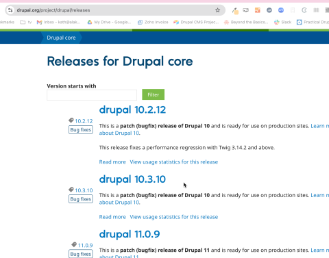 Display of the Drupal core releases page listing currently available versions