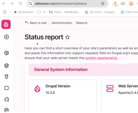 screenshot of status report page showing current Drupal version
